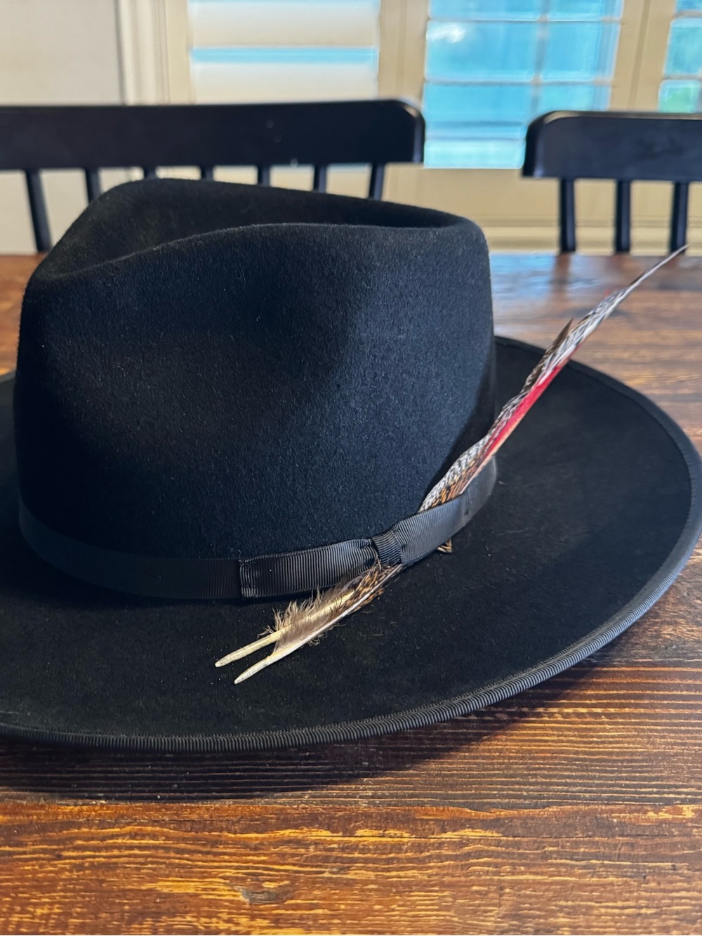 Zertrue 100% Wool Black Wide Brim Fedora Hat with Feather Band Size Large - Picture 5 of 10